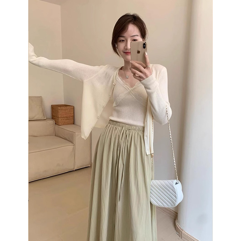 Dongguan Dalang Autumn New Women's knitted cardigan halter set, stylish sweater, versatile two-piece top Specification image