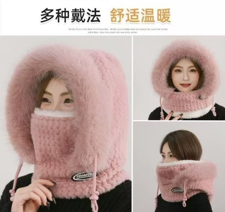 防风帽子女秋冬季骑车保暖护耳包头帽套头帽毛绒围脖帽口罩一体帽详情2