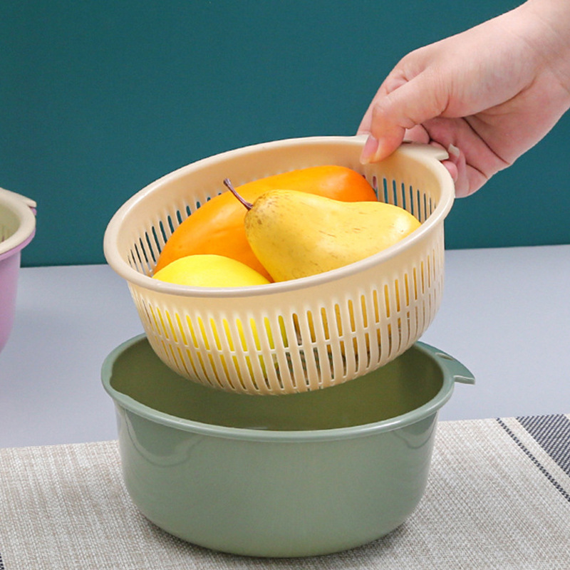 Can Print Logo Six-Piece Thickened Double-Layer Round Drain Basket Washing Basket Kitchen Washing Vegetables Washing Rice Basket Wholesale Application Scenario