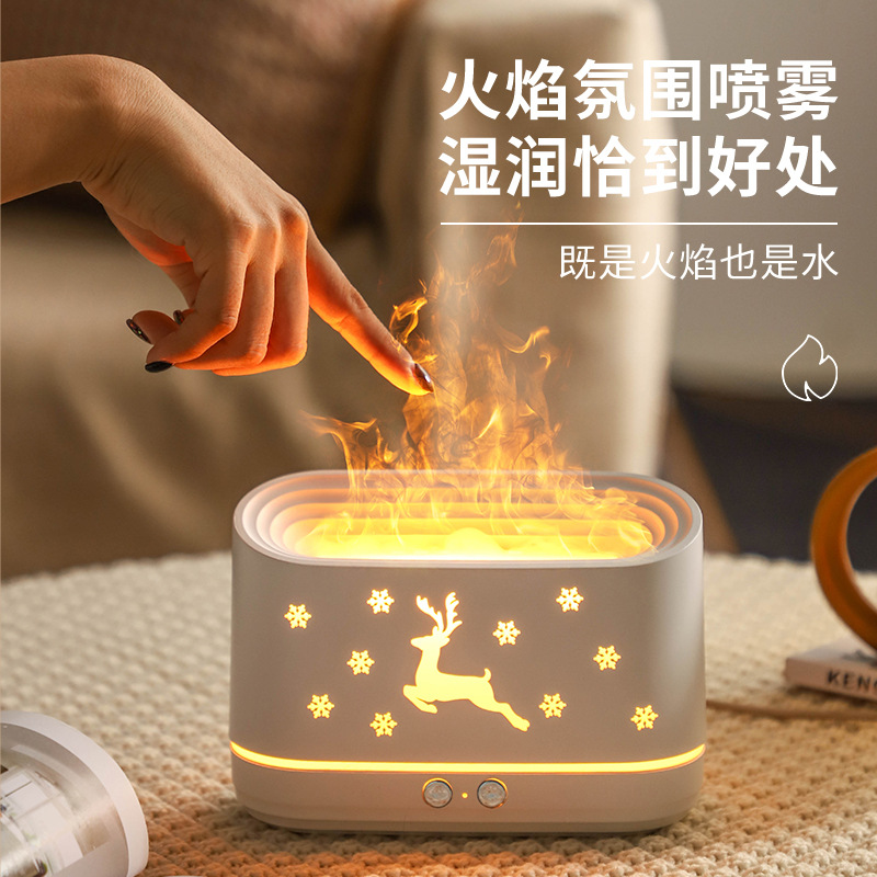 新款USB创意3D仿真火焰家用静音加湿器幸运鹿氛围灯大雾量香薰机图