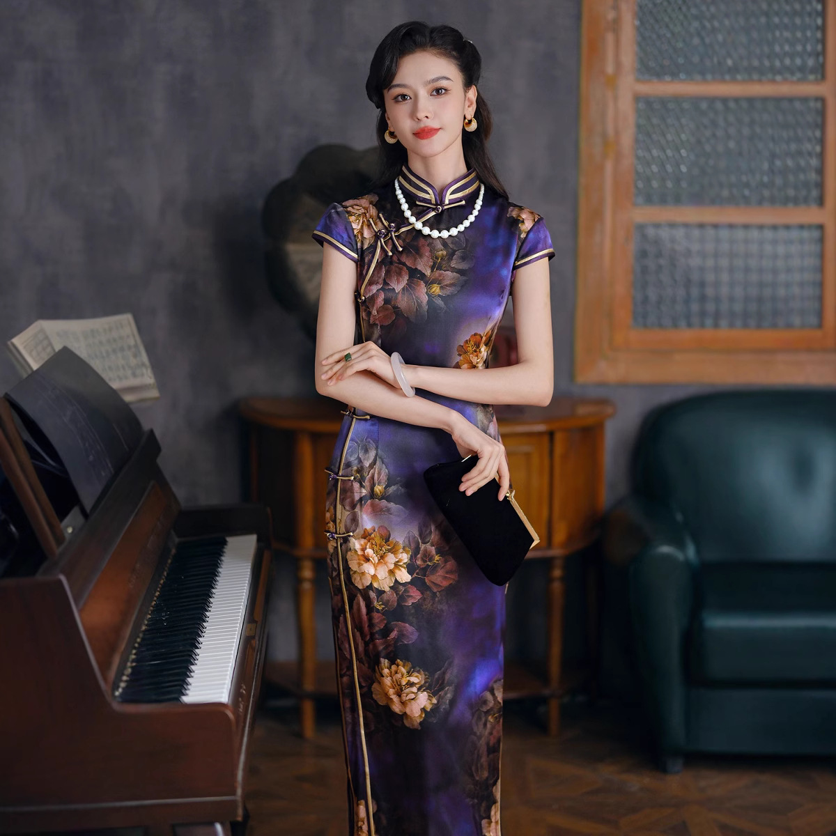 国潮紫色桑蚕丝真丝旗袍女中式高端喜婆婆礼服连衣裙年轻款2025