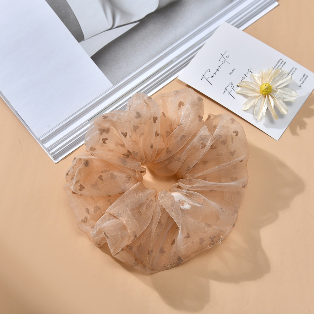 Korean style hair tie for women, summer forest-themed fairy high mesh fabric, heart-shaped flocking, versatile style, large intestine hair band manufacturer, straight hair Specification image