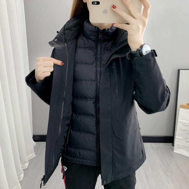 Outdoor windbreaker, down jacket, thickened for both men and women, large-sized three-piece for skiing and mountaineering, and a detachable coat for keeping warm Specification image