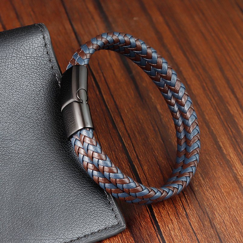 Europe And The United States Explosive Stainless Steel Leather Bracelet Men's Black Magnet Buckle Microfiber Leather Braided Stainless Steel Bracelet details Picture
