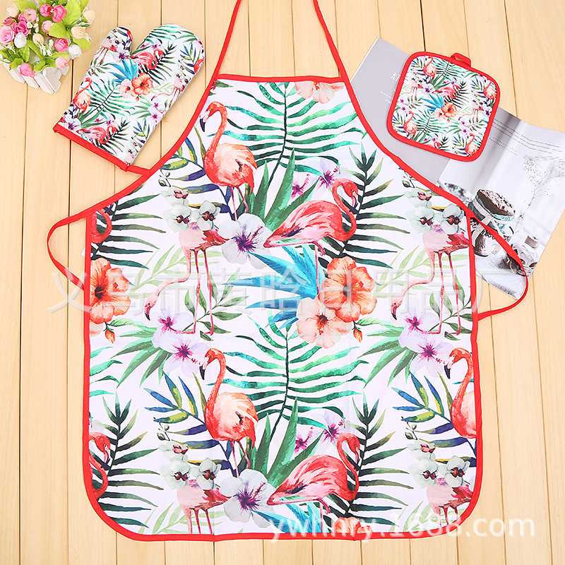 【 Chi Jia 】 Flamingo Digital Print Microwave Glove Pad Apron Three-piece Set Kitchen Oven Baking Application Scenario