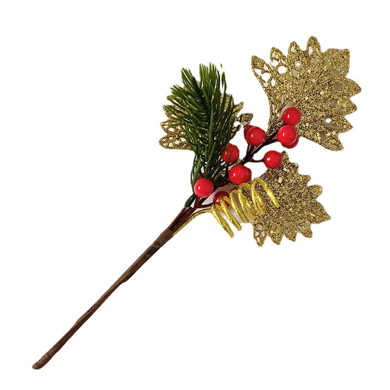 Christmas Decorations Gold Powder Leaf Berries Decorated Tree Branches Christmas Tree Plug-In Atmosphere Supplies Simulated Tree Branches Berry Branches Item Picture