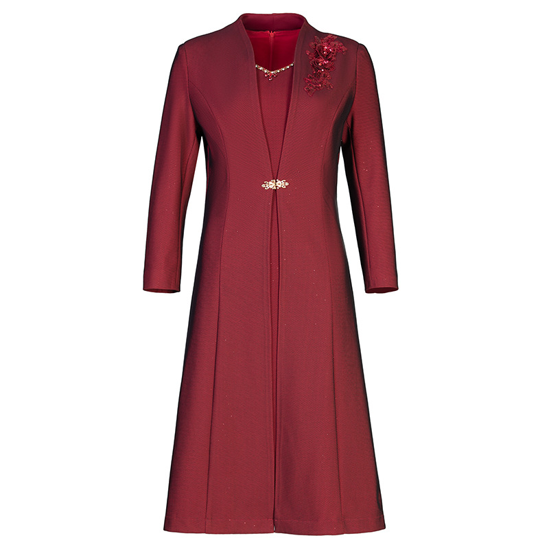 厂家直销2022秋冬大码中老年女装两件套长袖加绒保暖酒红女士外套详情图5