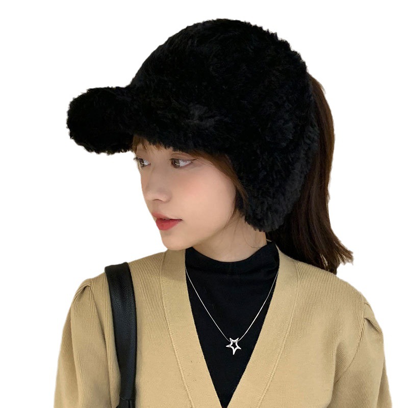 Plush Empty Top Hat Women's Fall/Winter Duck Tongue Knitted Hat Outdoor Student Biking Lamb Hair Baseball Cap Item Picture