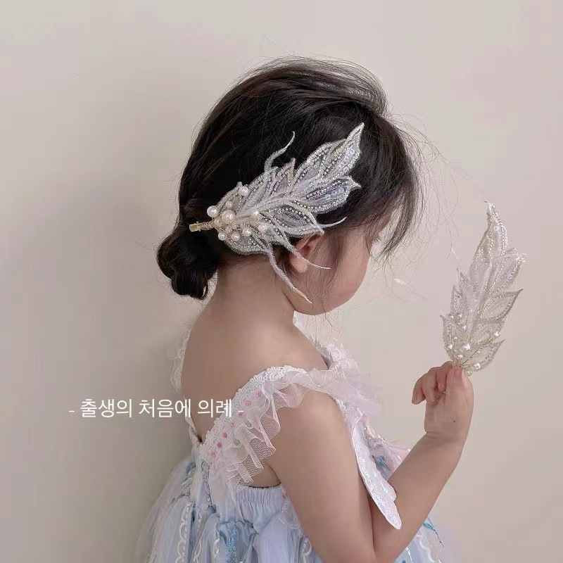 Feather Performance Headwear Girls Hair Clip Children Hair Clip Princess Clip Flower Girl Catwalk Accessories Girls Hair Clip Specification drawing