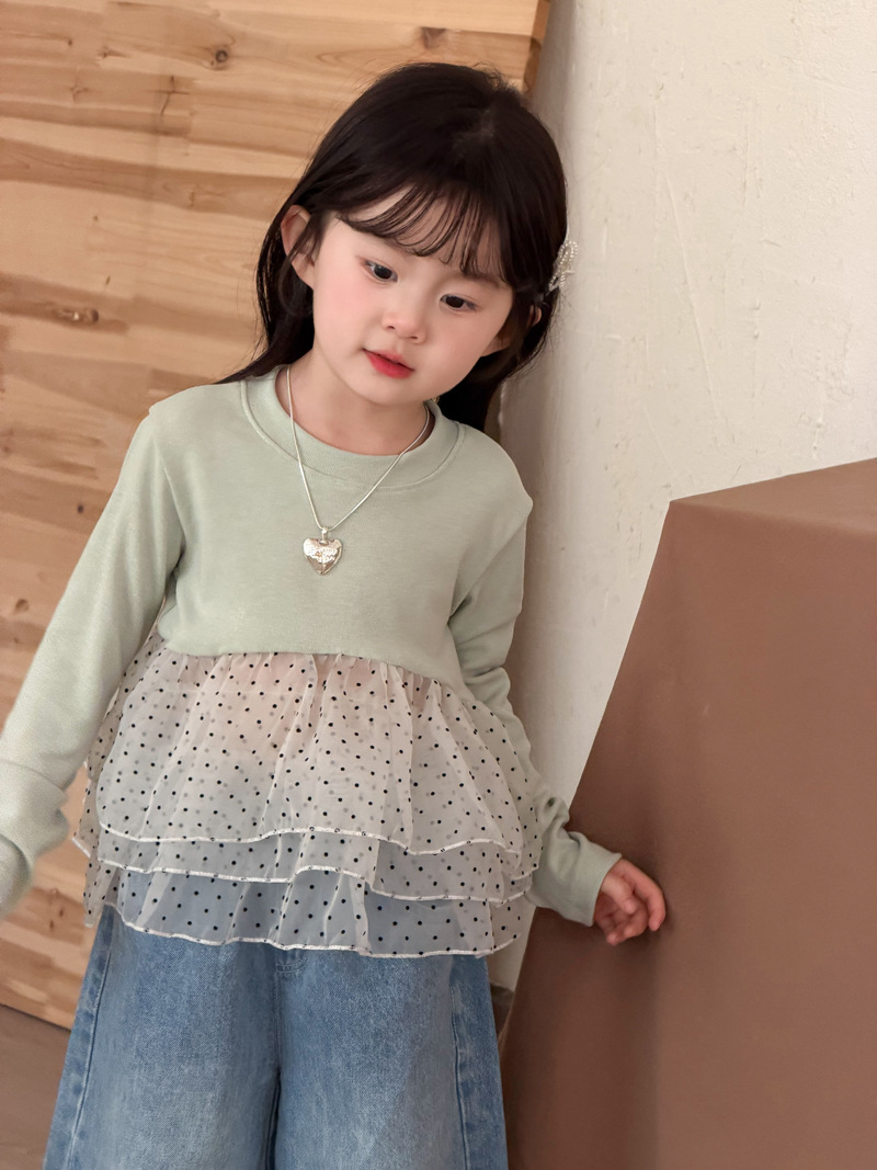 沫栗家26春夏新款韩版女童网纱拼接上衣儿童时髦圆点纱长袖打底衫详情10