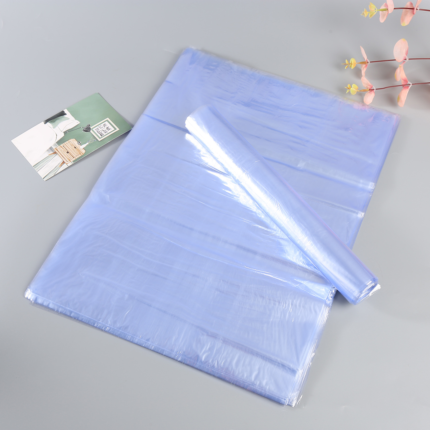Wholesale heat shrink film PVC heat shrink bags, flat mouth blue transparent heat plastic sealing bags, shoe heat shrink film plastic sealing bags details Picture