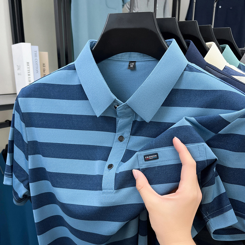 Summer new middle-aged dad polo shirt for men, light mature casual striped lapel true pocket short-sleeved men's T-shirt details Picture