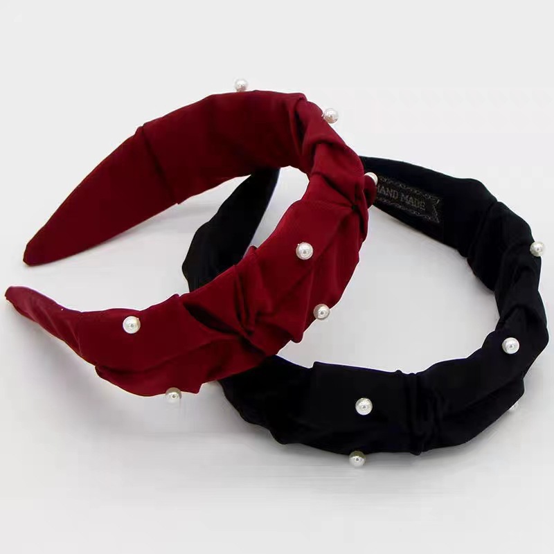 Korean Pearl Pleated Headband Women Autumn-Winter Vintage Red Velvet Headband With High Cranium Top Wide Edge Hair Clip Headdress Specification drawing