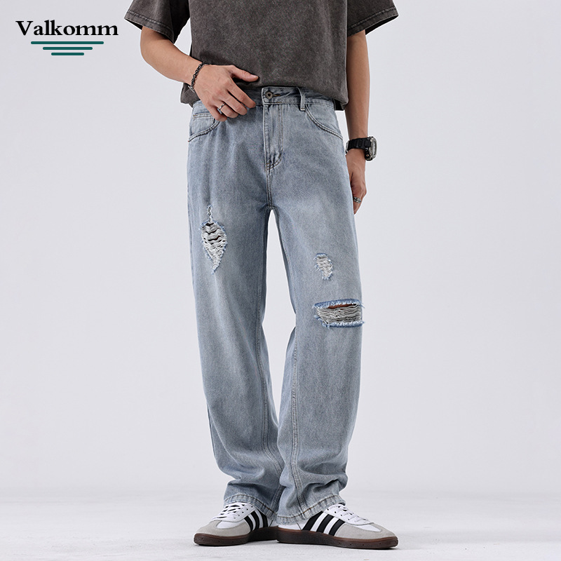 春款男装美式高街复古牛仔裤男直筒宽松破洞牛仔男士潮流牛仔长裤
