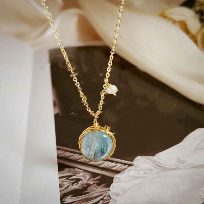 Xl048057 Blue Sea Tidal Pearl Necklace Color Necklace Everything Pendant Blue Wind Collarbone Chain French Temperament details Picture