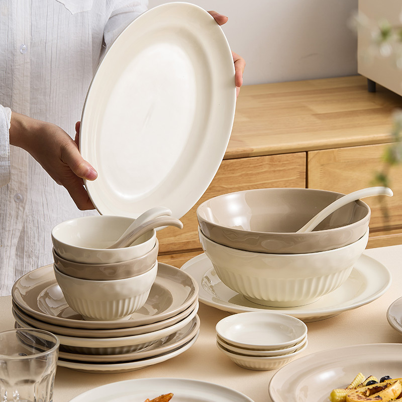 Yogurt cream-style tableware, high-end bowl and plate set, home bowl and chopsticks combination, ceramic rice bowl, soup bowl, vegetable plate