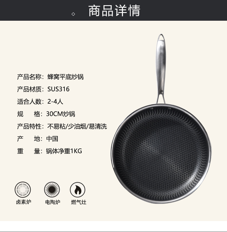 German 316 stainless steel frying pan, non-stick pan, flat pan, wok, frying pan, cooking pan, gas stove, induction cooker, universal Item Picture