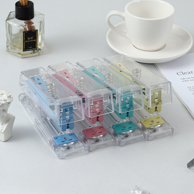 The manufacturer customizes candy-colored transparent stapler, InS-style student stapler in various sizes, and office labor-saving binding machine Specification image