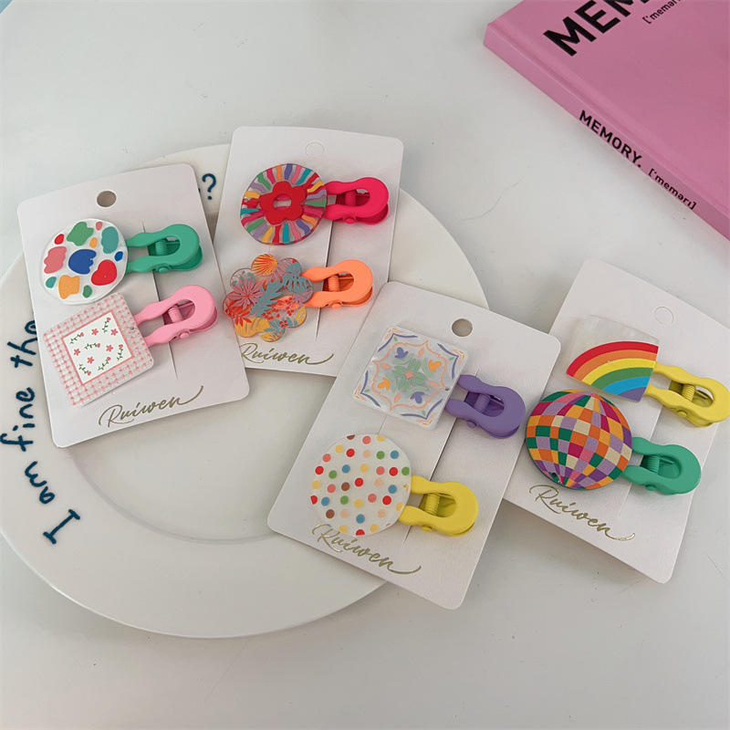 2023 New Korean Ins Girl Children Color Shell Acrylic Geometric Hand-Painted Graffiti Flower Hairpin Pair