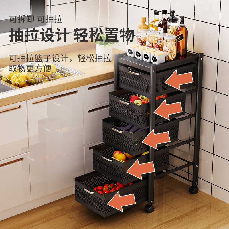 Vegetable And Fruit Blue Pull-Out Kitchen Cart Storage Rack Multi-Layer Movable Floor Pull-Out Storage Rack Application Scenario