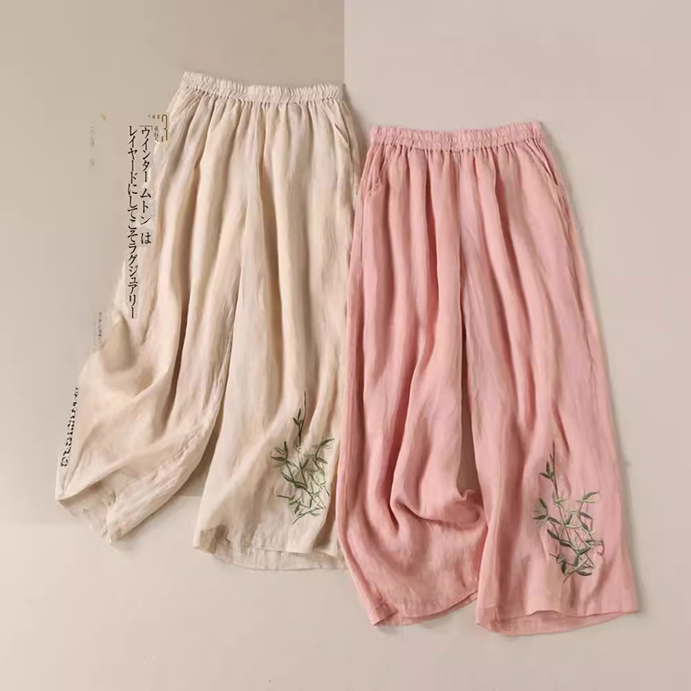 Artistic and trendy wide-leg cotton and linen embroidered pants for women in spring and summer, loose and slimming, high-waisted straight-leg casual pants