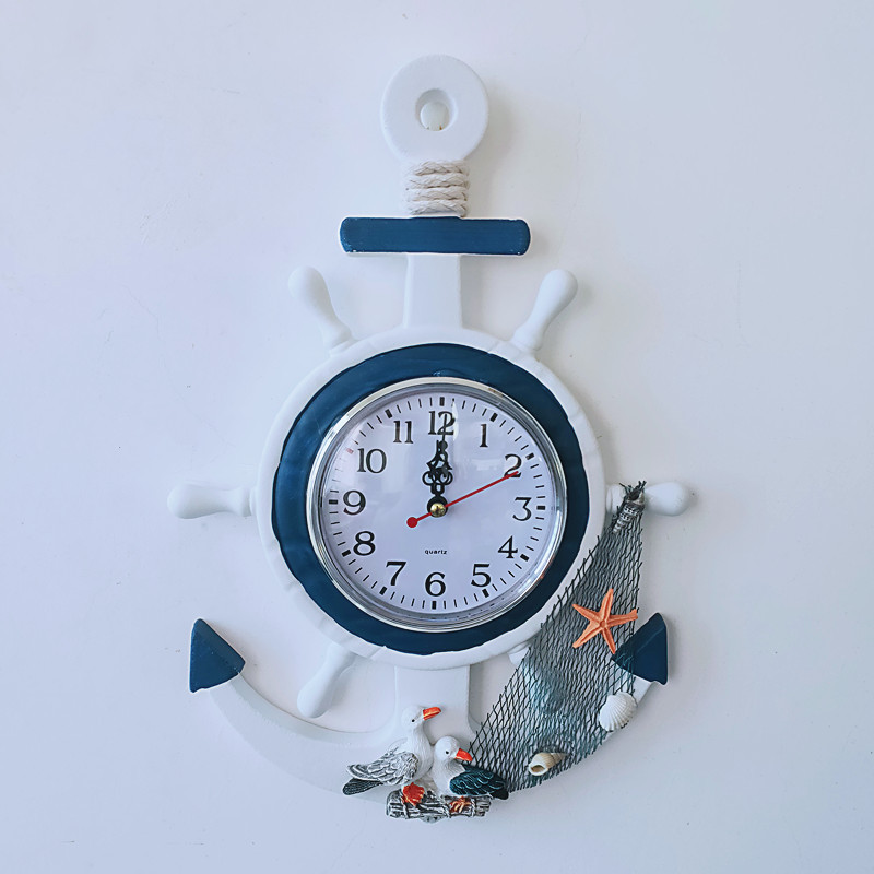 地中海风格蓝白船舵舵手船锚创意个性挂钟钟表电子表装饰航海时钟（价格面议）详情图3