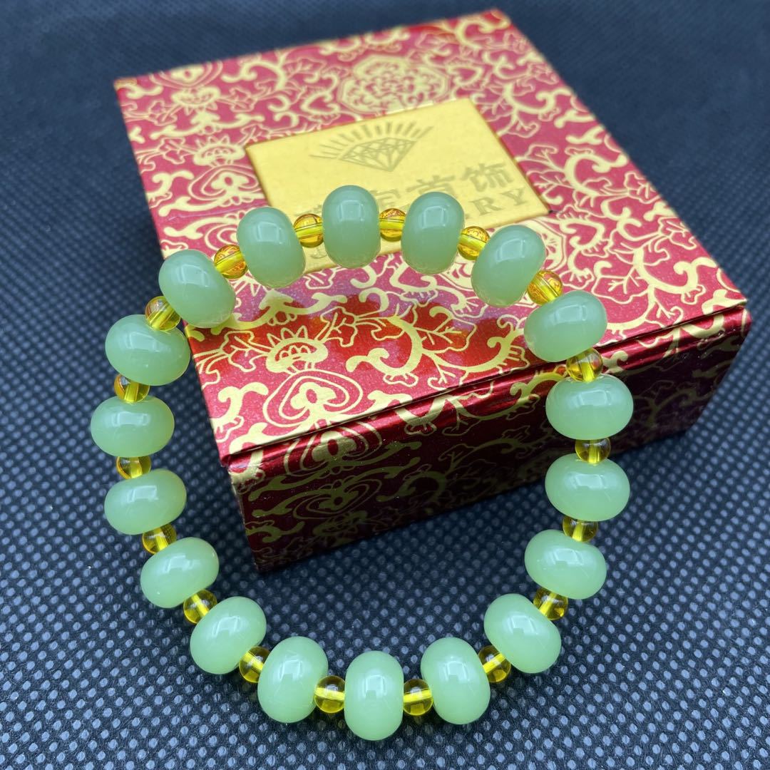 Imitation Hetian jade crystal bracelet, high-quality jade material glass abacus beads, men's and women's single-loop bracelet, live-streaming promotion product details Picture