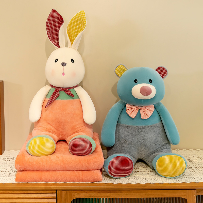 Warm Sun Sit Rabbit Sit Bear Pillow Quilt 2-In-1 Car Air Conditioning Cushion Dual-Use Children's Nap Blanket