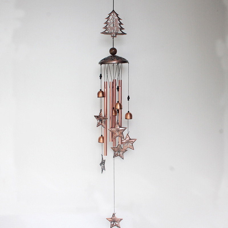 Christmas Tree Vintage Metal Red Bronze Wind Chimes Hanging With Christmas Hearts Metal Bells Garden Patio Decorations details Picture