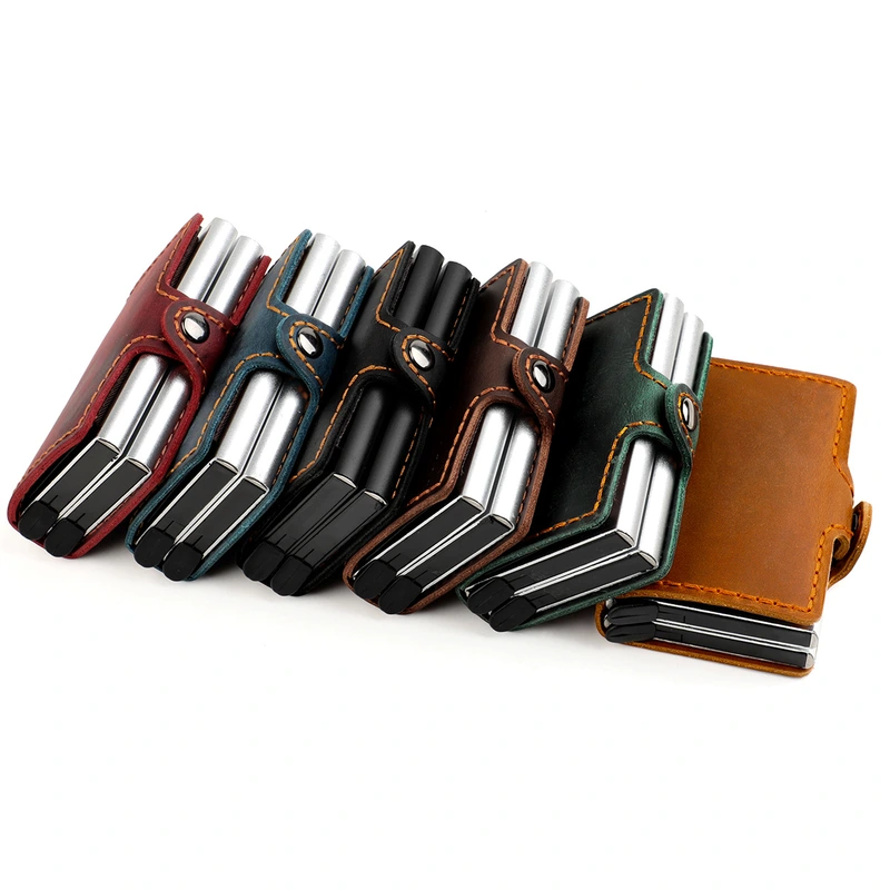 Crazy Horse Leather Aluminum Box Double-Layer Card Bag Anti-Theft Brush Automatic Pop-Up Card Bag Creative Manual Dollar Clip Real Pickup Sleeve