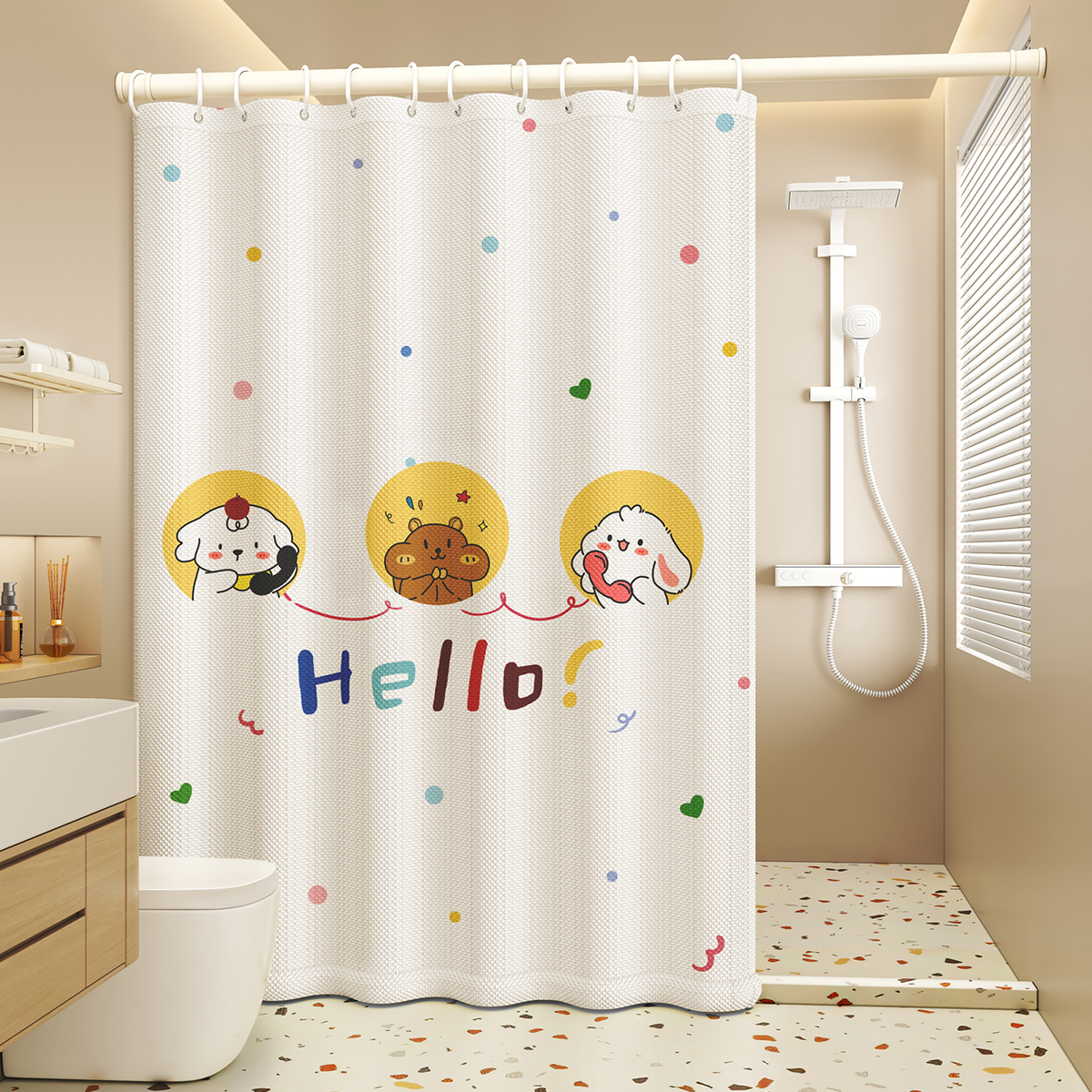 浴帘/经编挂帘/学生宿舍床帘/卷帘窗帘/浴帘套装产品图