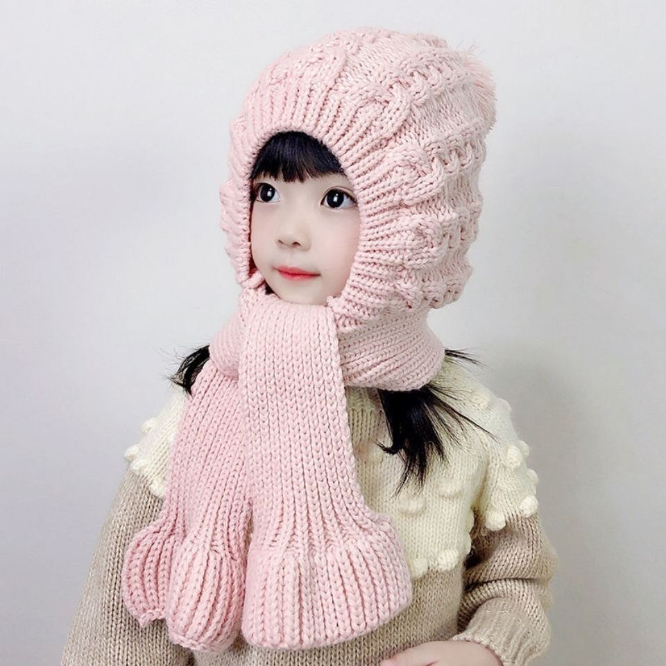 Korean-style cute and super adorable girls' woolen cap with fleece and thickened fabric, children's hat and scarf all-in-one hat, autumn and winter baby hat Specification image