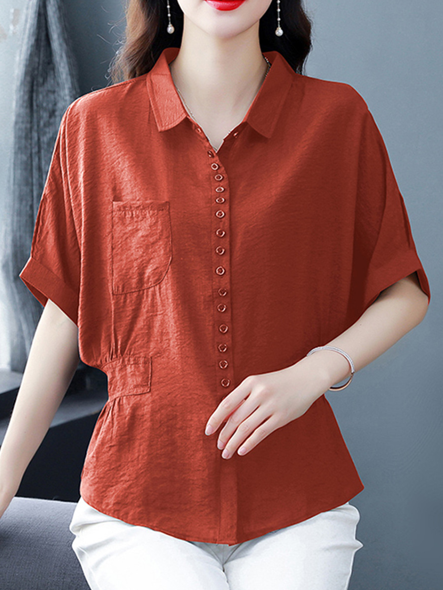 New Spring/Summer 2024 cross-border trade slimming, versatile and belly covering cotton and linen top, short-sleeved shirt, women's shirt details Picture