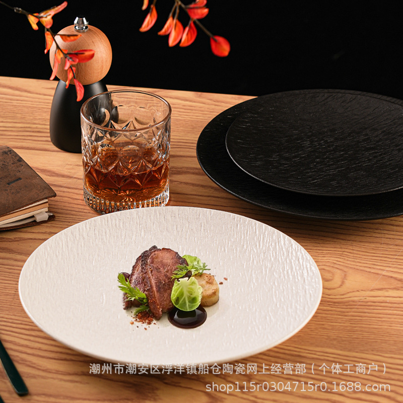 Matte stone-textured ceramic plate, shallow plate, large Western-style plate, steak plate, round plate, flat plate, 2024 new style Specification image