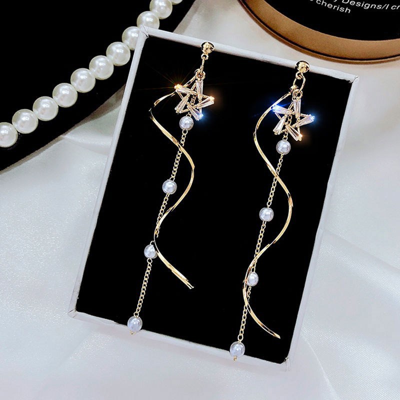 New Face Slimming Five-Pointed Star Earrings For Women Long Temperament Network Red Fringe Earrings Drop Wavy Ear Line Star Earrings Specification drawing