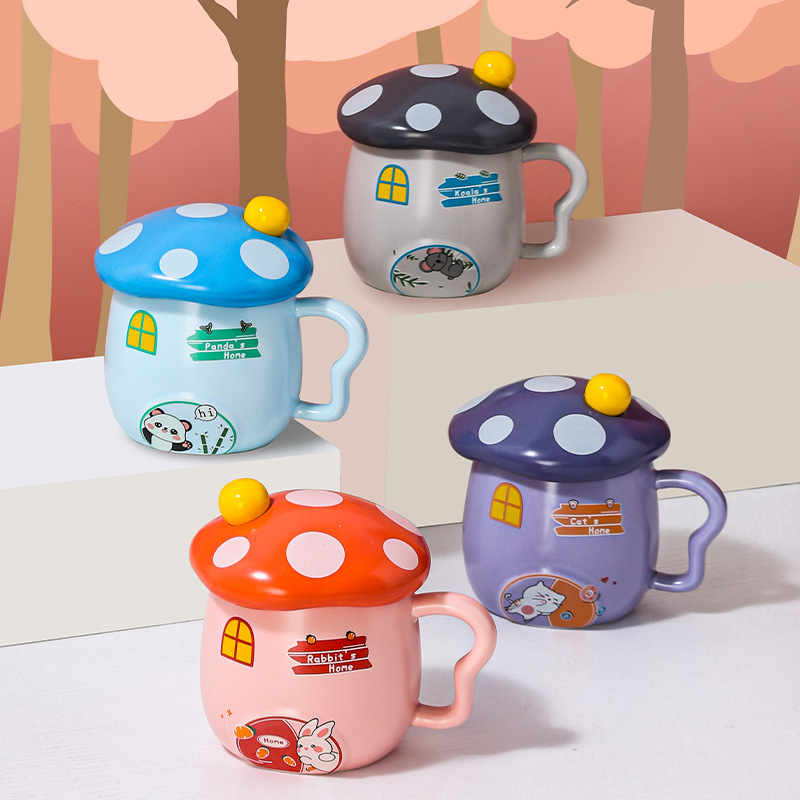 Ceramic Mushroom water cup office cute super cute creative girl personality Mark cup cartoon spoon with lid trend thumbnail