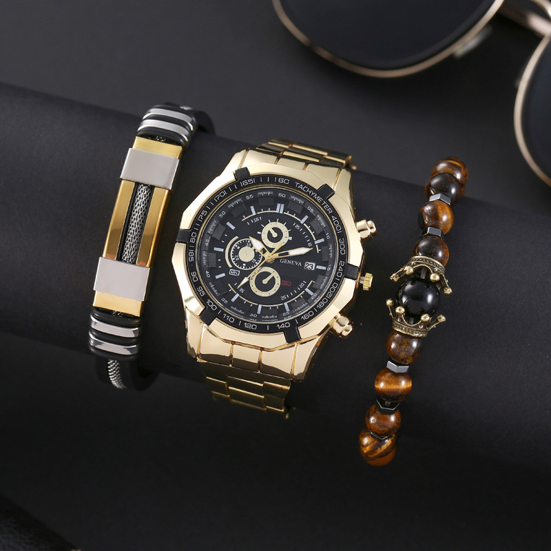 2024 New Cross-Border Hot Men's Steel Band Set Watch Fashion Three Eyes Calendar Men's Watch 3Pcs Quartz Watch Gift Box Set Application Scenario