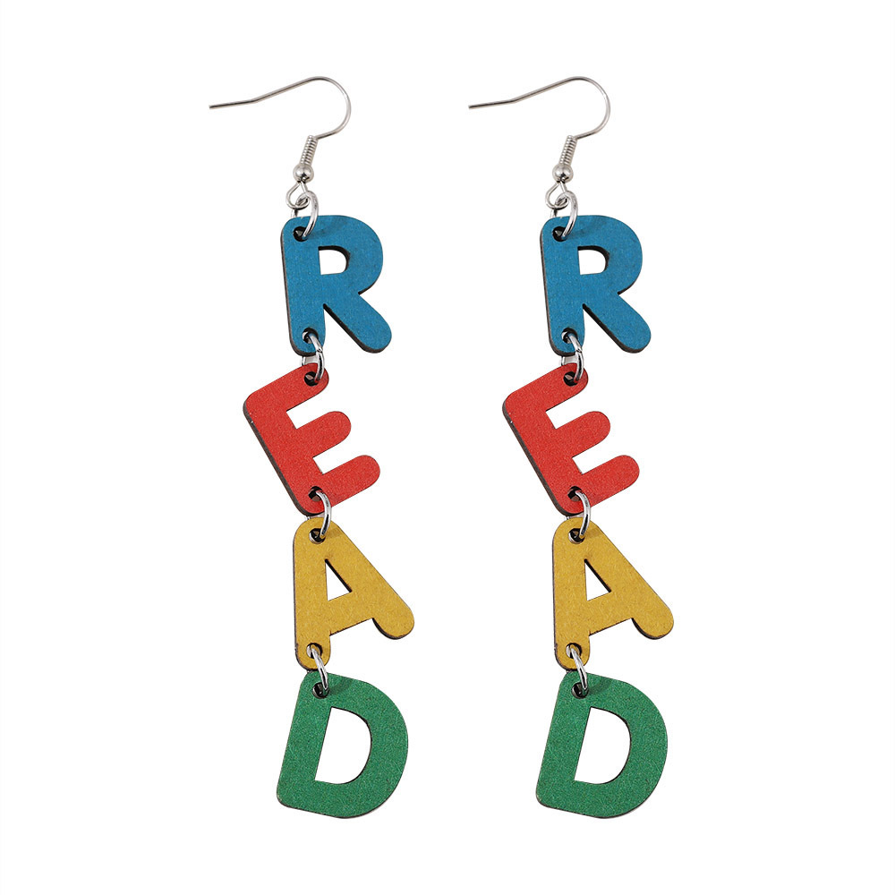 The popular cross-border color letter READ earrings from Europe and America are double-sided wooden earrings for students and teachers during the back-to-school and graduation seasons Item Picture