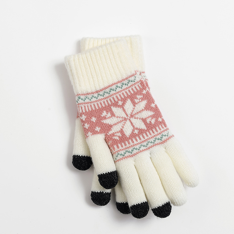 Adult warm gloves for autumn and winter, women's jacquard knitted touch screen with fleece and thickened cold-proof wool finger gloves Item Picture