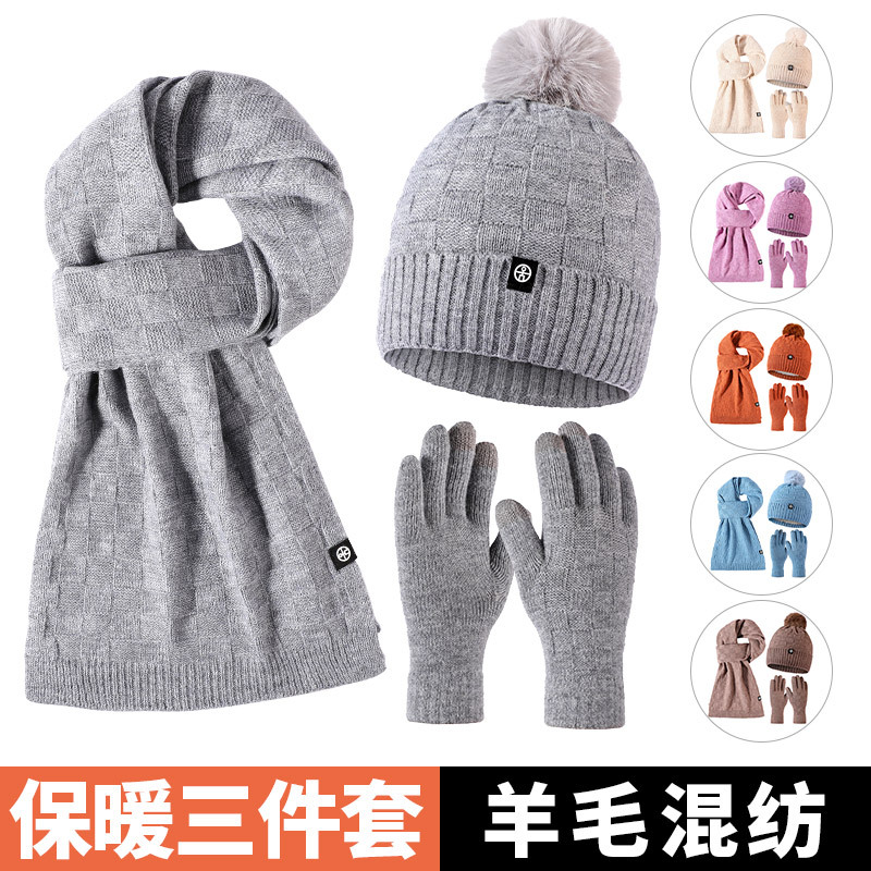 Cross-Border Foreign Trade High-Grade Wool Knitted Hat Scarf Gloves Warm Plaid Three-Piece Set Autumn And Winter