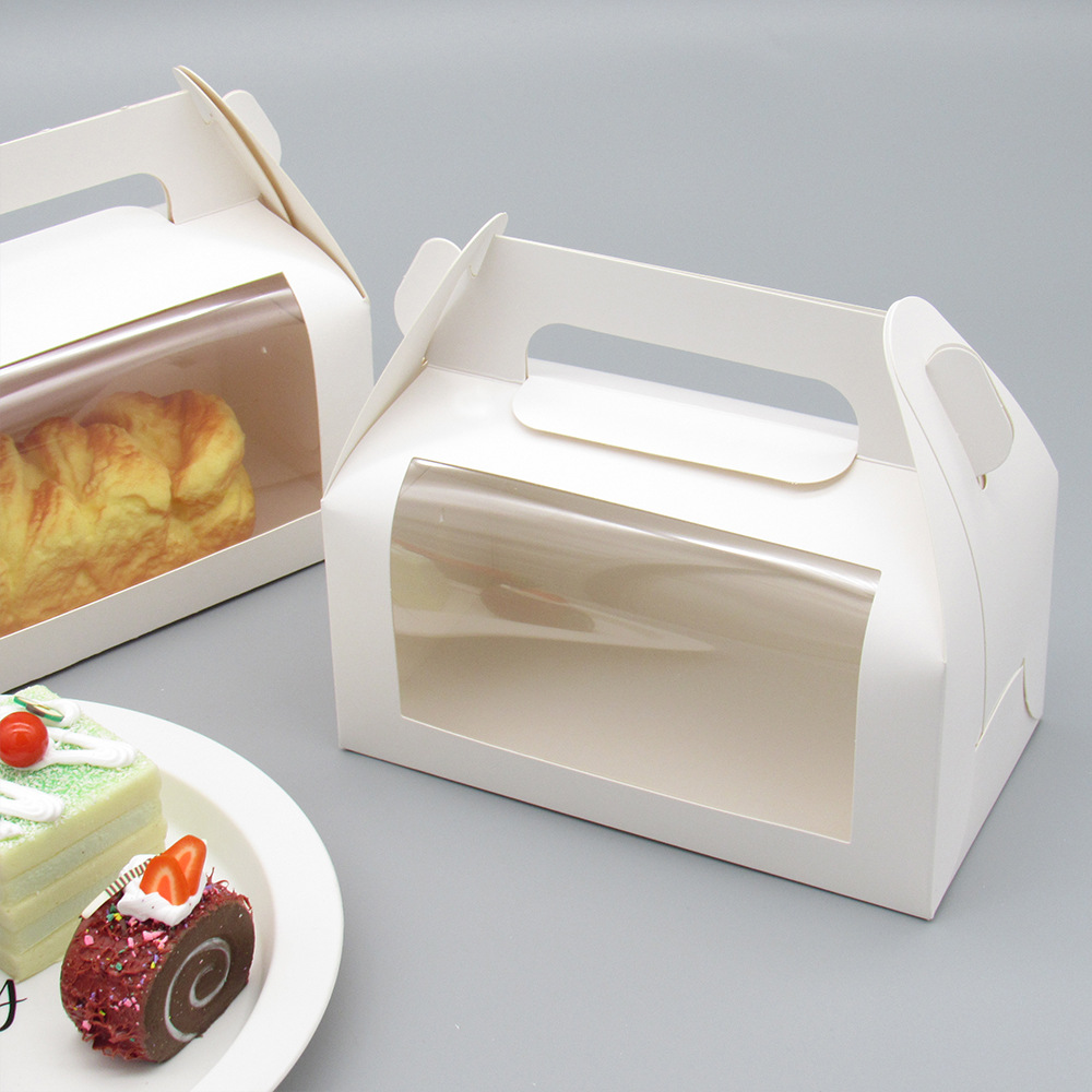 手提毛巾蛋糕卷包装盒透明开窗盒 白卡PVC面包烘焙食品甜品打包盒详情图1
