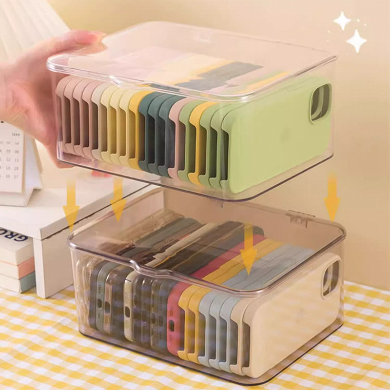 A mobile phone case storage box with a dust-proof lid, a desktop drawer for storing sundries and organizing the dormitory, a transparent storage box Application Scenario