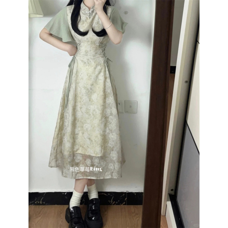 New Chinese-style modified cheongsam short-sleeved dress, summer color-blocking design, waist-cinching and slimming floral print long dress for women Specification image