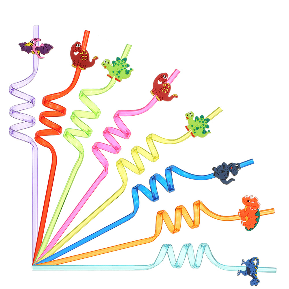 Amazon cross-border European and American new curved straw party decoration small gifts Dinosaur cartoon pet reusable straws details Picture