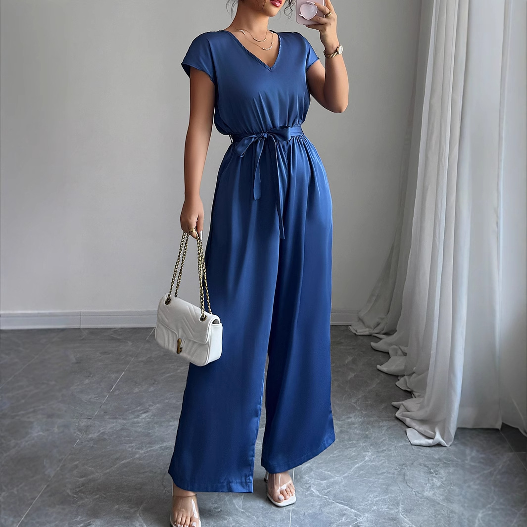 Cross-border European and American simple and fashionable style deep V high-end wide-leg jumpsuit women's clothing Spring/Summer 2025 Amazon independent store