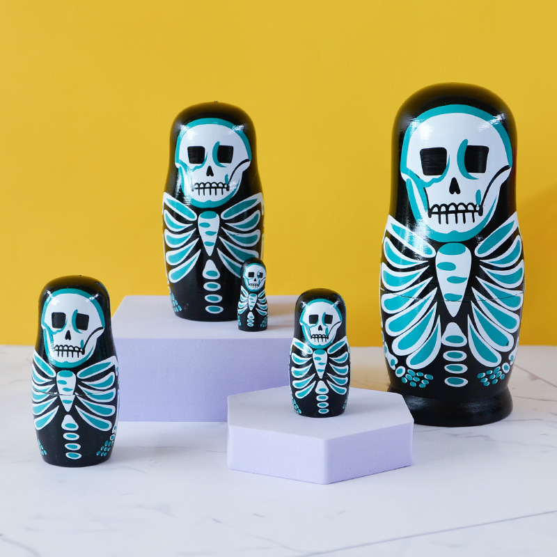 Russian Matryoshka five-layer skull Matryoshka holwood ground painted decorative item painted wood handicraft in stock Specification image
