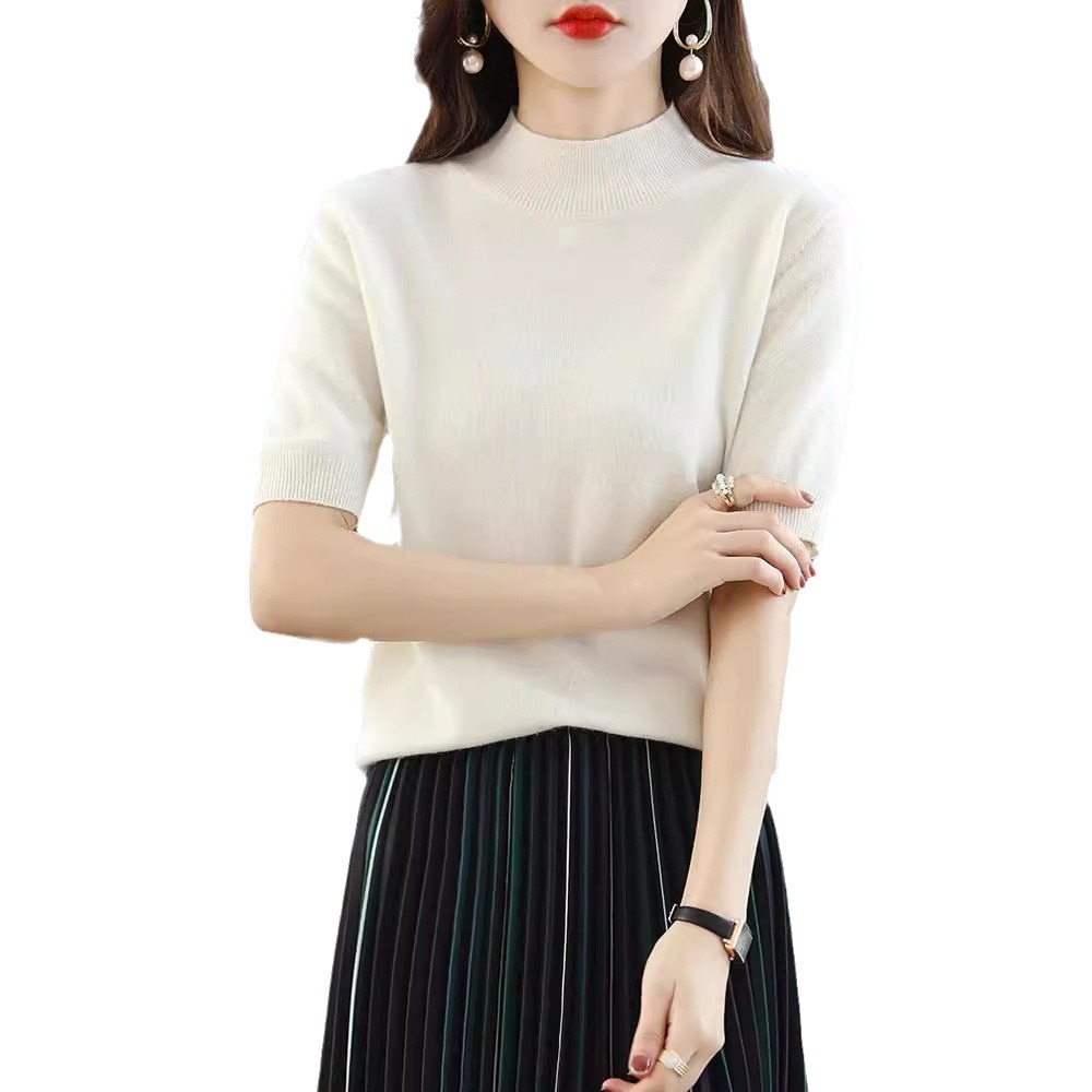2024新款春秋半高领五分袖羊毛打底衫女中袖修身毛衣女西装伴侣内白底实物图