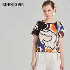 EDENROSE伊丹诺思夏季女圆领不规则图案短袖复古油画T恤