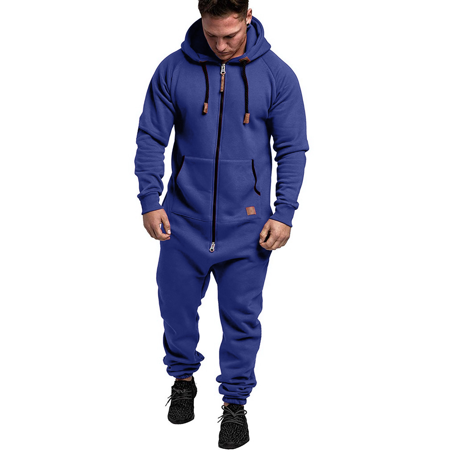 New foreign trade men's hooded fleece jumpsuit solid color block casual men's set jumpsuit pants Specification image