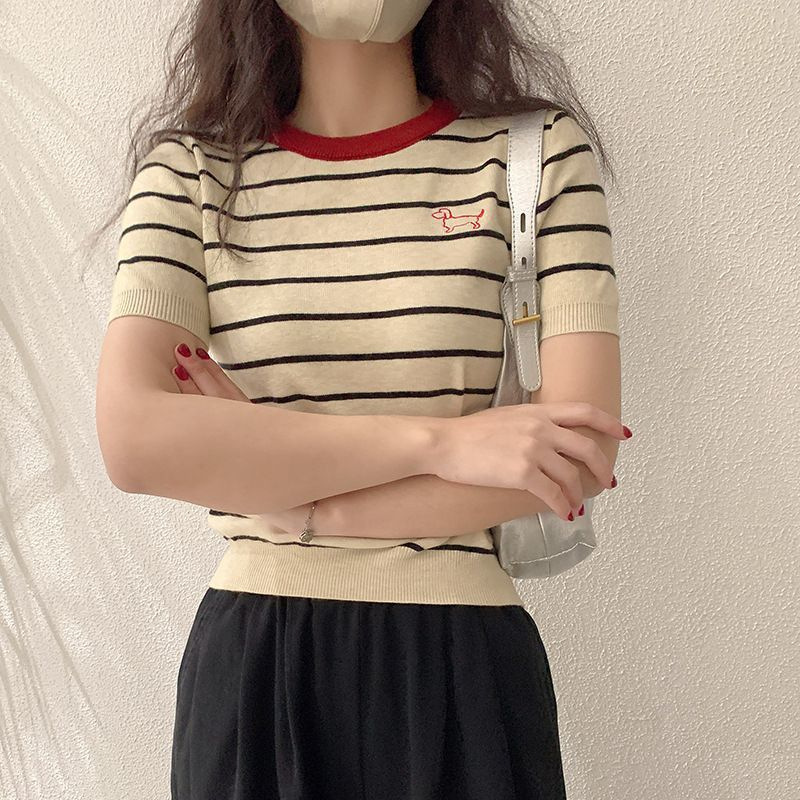 Round-neck striped short-sleeved T-shirt 2025 Loose color contrast embroidery new summer versatile ins casual commuter top for women Item Picture